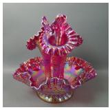Fenton Red Diamond Lace Carnival Glass Epergne