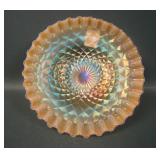 Dugan Peach Opal Folding Fan Crimped Compote