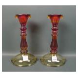 2 Imperial Red /Amber #320 Dbl Scroll Candlesticks