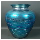 Signed Durand Blue Bulbous Threaded Art Glass Vase