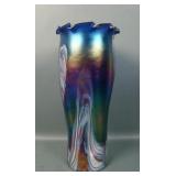 Rindskopf Blue Pulled Feather 13" Art Glass Vase