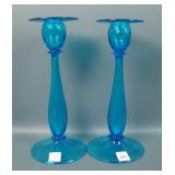 Two Steuben Celeste Blue #6270 Swirl Candlesticks