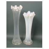 Two Jefferson Glass Clear Opal Lined Heart Vases
