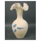 Fenton Satin Custard Blue Bird Decorated Vase