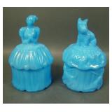 Two Akro Agate Figural Blue Covered Powder Jars