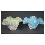 2 Kanawha Milk Glass Overlay Hobnail Ruffled Vases