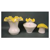 Three Fenton/ Kanawha Milk Glass/ Yellow Vases