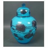 Consolidated Blue Case Silver Overlay Covered Urn