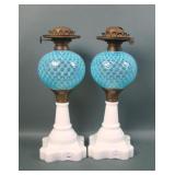 2 LG Wright/ Fenton Blue Opal Coin Dot Oil Lamps