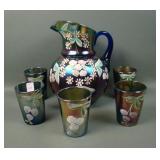 Fenton Blue Enameled Cherries 6 Pc Water Set