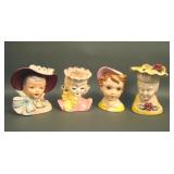 Lot of Four Whimsical Ceramic Lady Head Vases