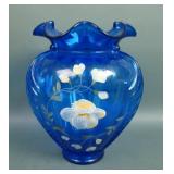 Fenton Cobalt Blue Decorated Feathered Belly Vase