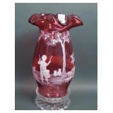 Fenton Cranberry Mary Gregory Hurricane Lamp