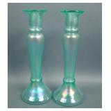 Two Diamond Green Candlestick Vases