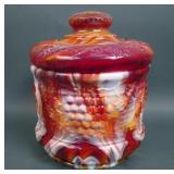 Fenton Red Slag Grape & Cable Covered Cracker Jar