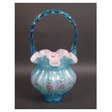 Fenton English Rose Blue Overlay Melon Rib Basket