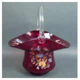 Ruby Red Floral Decorated Glass Handled Basket