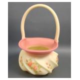 Fenton Rose Decorated Burmese Swirl Handled Basket