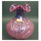 Fenton Iridised Plum Opal Swan Ruffled Vase