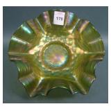 Loetz Green Art Glass Crimped Ruffled Bowl