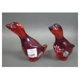 Two Fenton Crystal Ruby Decorated Xmas Geese