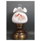 Fenton Colonial Hurricane Lamp Cardinals in Snow