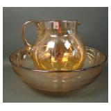 Czech Marigold Carnival Glass Pitcher & Basin
