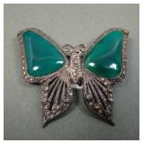 Vintage Sterling & Jade Butterfly & Marcasite Pin
