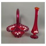Two Fenton Ruby Red Holly Decorated Items