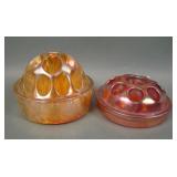 Two Marigold Carnival Glass Flower Frogs