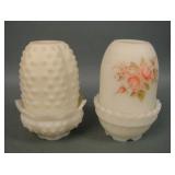 Two Fenton Custard Decorated Fairy Lamps