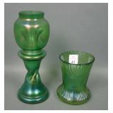 Two Bohemian Czech Green Art Glass Vases