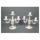 Pair Dresden Floral Porcelain Two Arm Candelabras