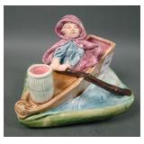 Majolica Girl in Row Boat Figural Match Holder
