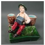 Majolica Boy Playing Accordian Figural Match Holdr