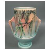 Roseville Pottery Pink/Green Moss Handled Vase