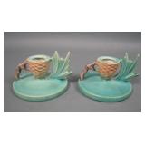 Roseviile Art Pottery Green Pinecone Candlesticks
