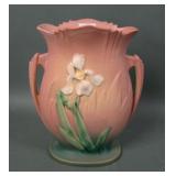 Roseville Pottery Pink Iris Handled Pillow Vase