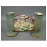 Roseville Pottery Green Bushberry Double Bud Vase
