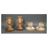 Two Pair Rosevill Pottery Iris Candle Holders