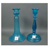 Two Blue Stretch Glass Glass Candle Holders