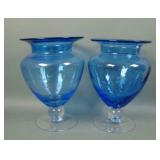 Two Tiffin Blue Franciscan Blue Etched Vases