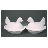 Two Indiana Glass Milk Glass Hens on Nests