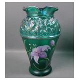 Fenton Spruce Green Showcase Decorated Vase