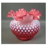 Fenton Cranberry Opal Hobnail Crimped Ruffled Vase