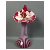 Fenton Cranberry Opal Striped Decorated JIP Vase