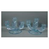 Two Fostoria Azure Blue Three Light Candleholders