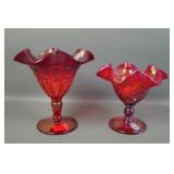 Two Fenton Red Stretch Glass Ruffled Compotes