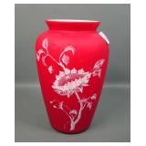 Fenton Red/White Case Satin Decorated Vase