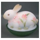 Fenton Satin/Green Crytsal Decorated Bunny on Nest